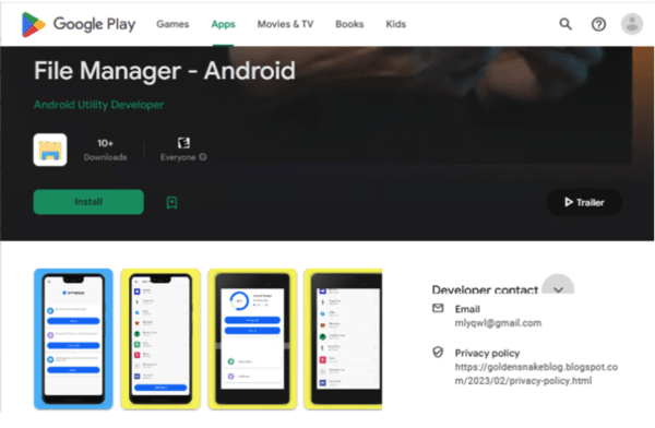 북한 스파이웨어 '코스파이'가  'File Manager - Android' 라는 앱으로 위장돼 구글 플레이 스토어에 게시돼 있다./룩아웃