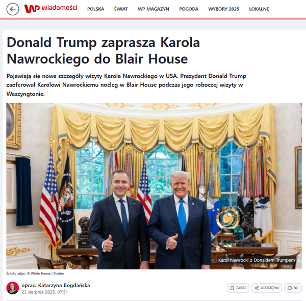 지난 8월 23일 폴란드 매체가 트럼프 대통령의 폴란드 대통령 영빈관 초대를 보도한 내용./WP Wiadomości