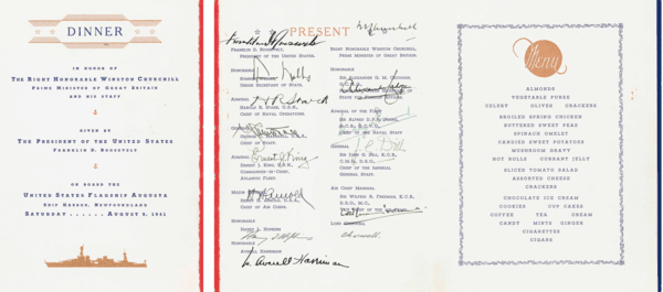 프랭클린 D.루스벨트 미국 대통령과 윈스턴 처칠 영국 총리가 사인한 메뉴판./소데베이스