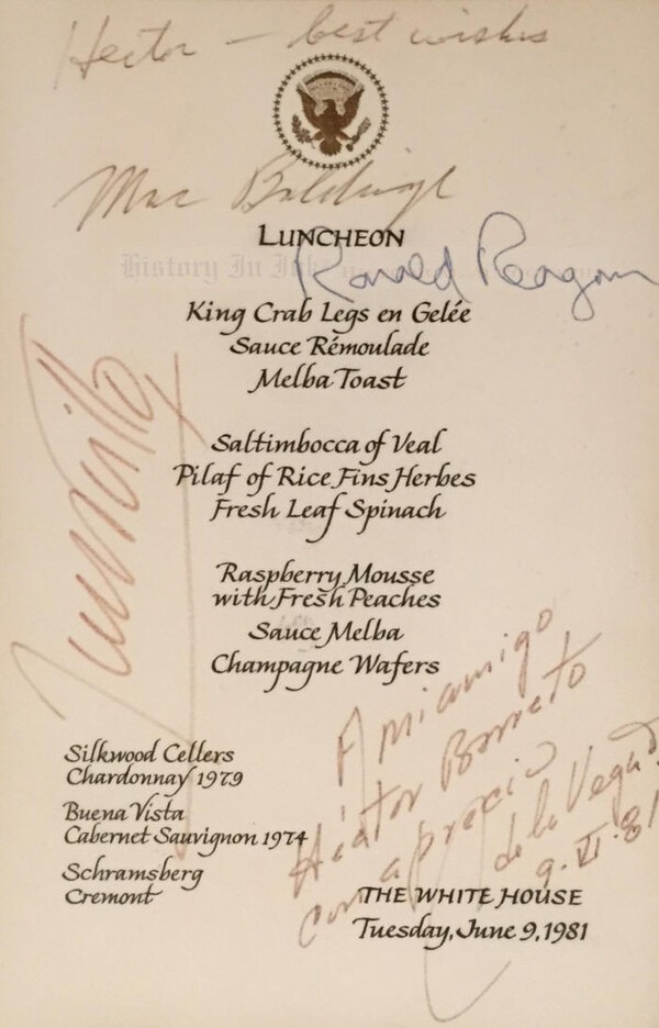 로널드 레이건 미국 대통령과 호세 포르티요 멕시코 대통령이 사인한 메뉴판./히스토리인잉크