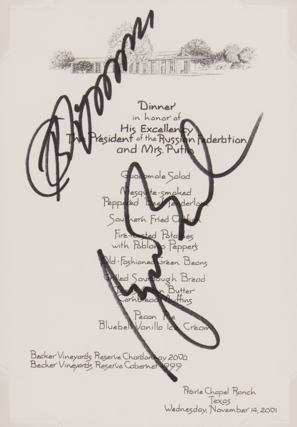 조지 W.부시 미국 대통령과 블라디미르 푸틴 러시아 대통령이 사인한 메뉴판./알옥션