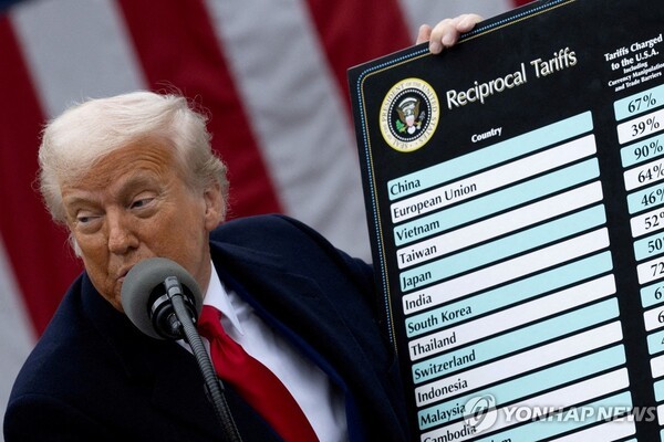 예일대 예산연구소에 따르면 도널드 트럼프 대통령의 상호관세로 미국의 평균 실효 관세율은 1935년 이후 최고 수준으로 치솟았다. 국가별 상호관세율을 발표하는 트럼프 대통령./연합