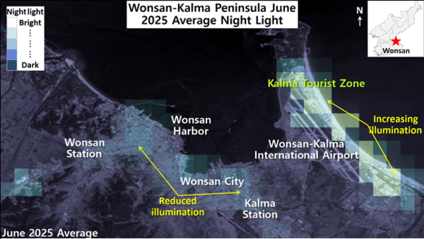 In the coastal tourism district of Wonsan-Kalma, it forms a nightlife as if the night is forgotten, and the night lights shine brightly. On the other hand, it was found that late-night lighting decreased in the private sector of Wonsan City. /Image: VIIRS