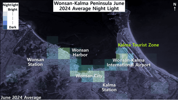 In June 2024, when construction of the Kalma Tourism District was suspended, night lights shine brightly in the area of Wonsan, port, and international airport without lights on Myongsasimni beach. /Image: VIIRS