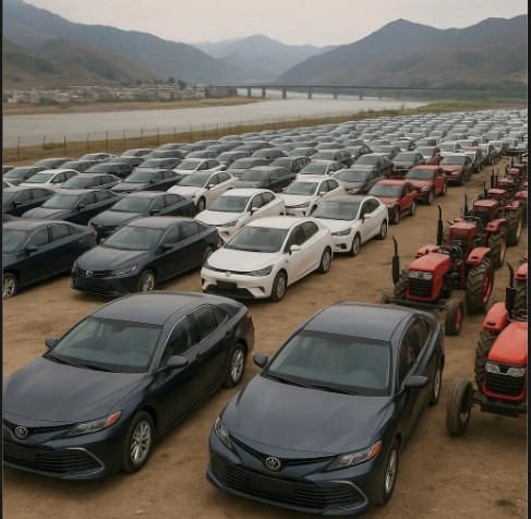 최근 양강도 혜산에서 BYD 전기차·트랙터 등 중국산 차량 수백 대가 무면허·무번호 상태로 대거 밀반입된 정황이 파악됐다./이미지=GPT4o