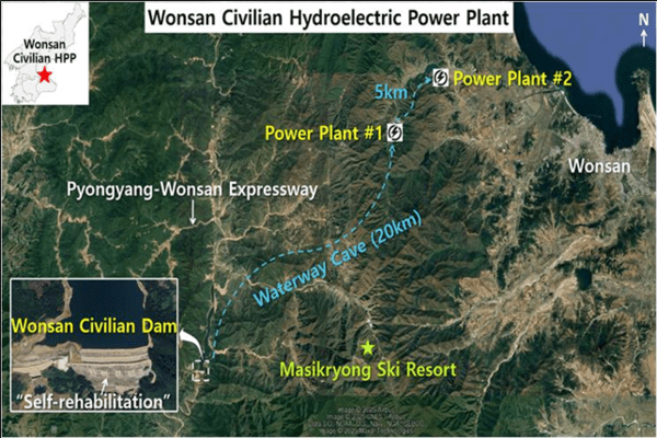 Wonsan Civilian Power Plant #1 and #2 were built by artificially turning the water flowing to the West Sea through a tunnel from inland Kangwon Province to the underground. It was completed at the end of April 2016. /Image: Google Earth
