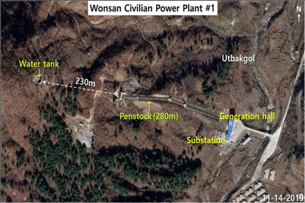 The first power plant was built about 20km away from the Wonsan Civilian Dam. It generates electricity by drilling through a tunnel underground and drawing water from the reservoir. /Image: Google Earth
