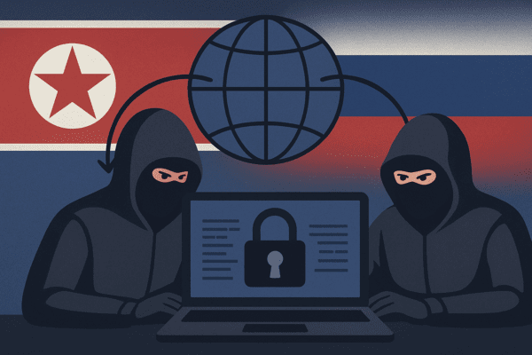 북한과 러시아의 해킹 조직 간 협력을 묘사한 AI 이미지